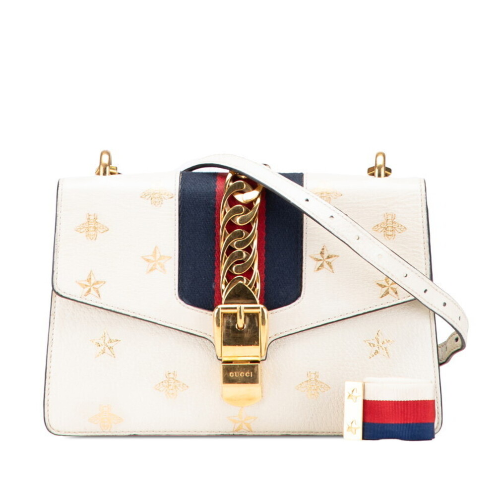 Gucci Sylvie Bee Star Shoulder Bag White Gold Leather